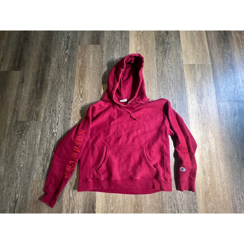 Champion Reverse Weave‎ Hoodie Mens Large Red Excellent Gothic Sleeve Embroidery